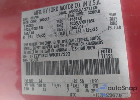 1998 Ford F-150 Standard/Xl/Xlt from USA, damaged, VIN 1FTZF1821WKB17293